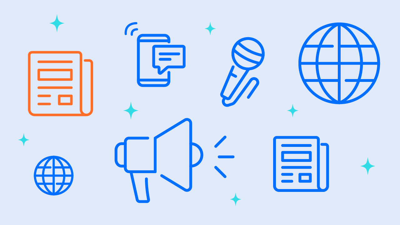 graphic with microphone and megaphone and internet symbols